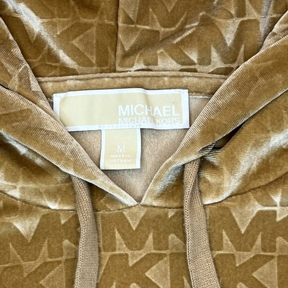 Michael Kors Women's Velour Monogram Logo Hoodie Size Medium Gold MK Print - Picture 4 of 5